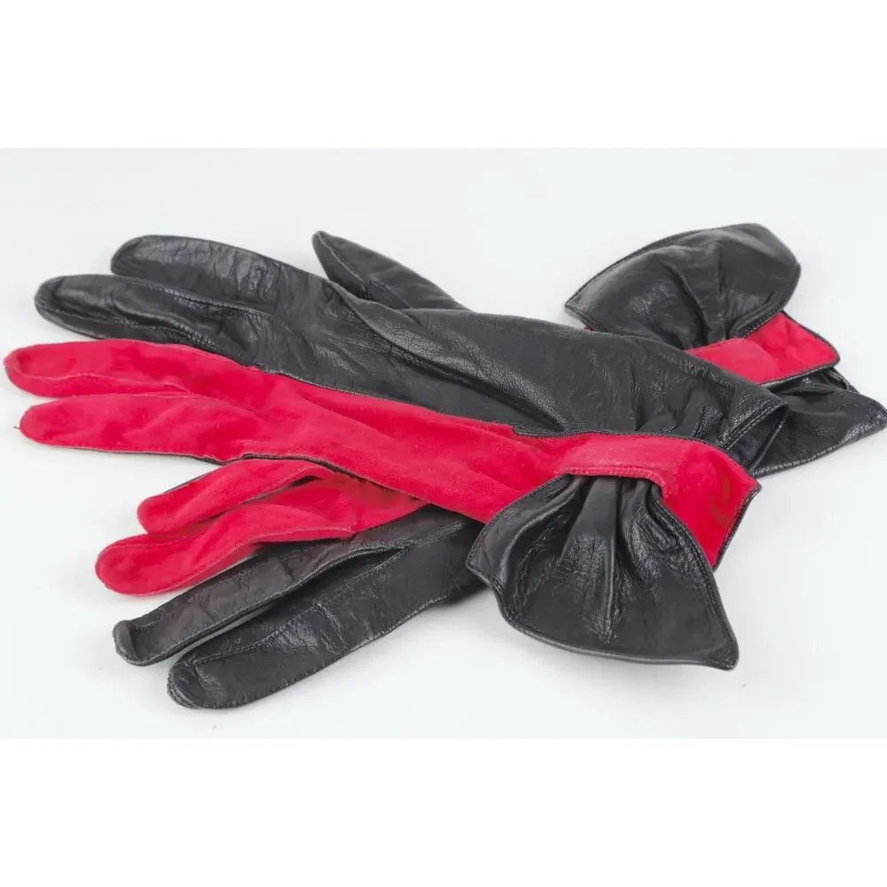 RARE Vintage Pierre Cardin Red Black Leather Suede Bow Gloves Size 7.5 France